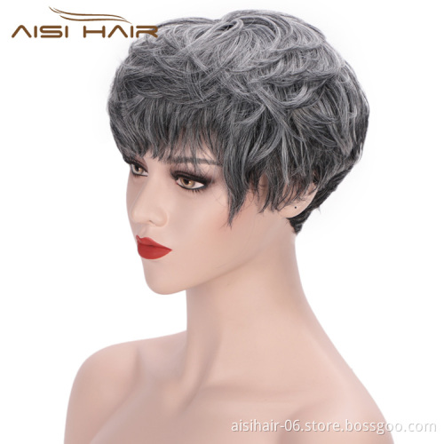 Aisi Hair Heat Resistant Fiber Straight Short Hair Bob Wigs with Neat Bangs Grey Mixed Black Short Bob Wigs for Women